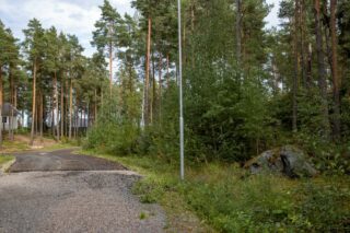 Ylämäkeen nousevan tien laidasta alkaa  kumpuilevan kallioinen mäntymetsä.