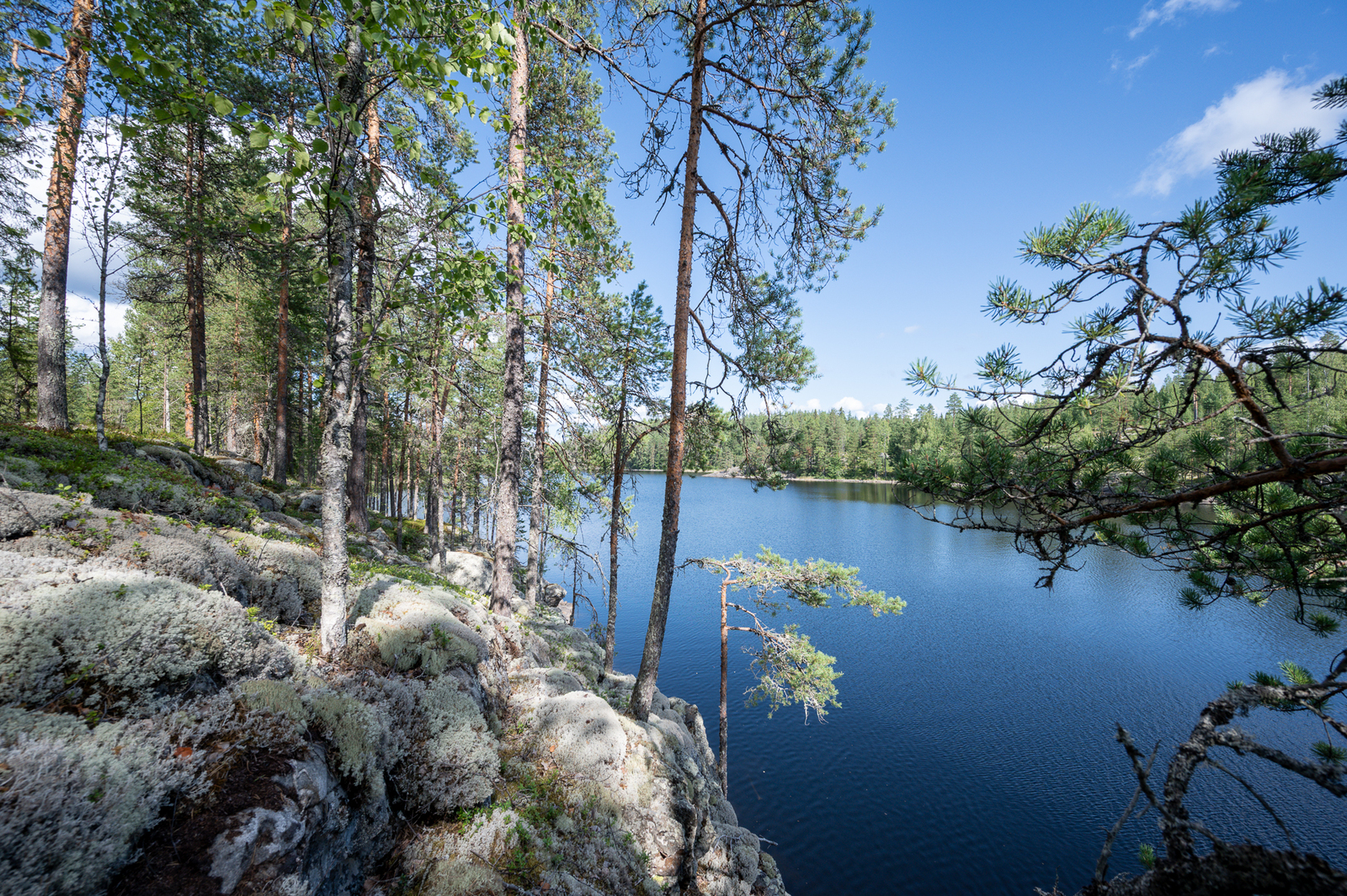 Rantakalliolle paistaa aurinko, vastarannalla näkyy metsää.