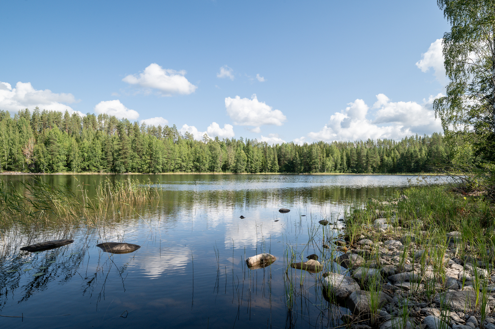 Kivikkoinen ranta, aurinko paistaa vastarannan metsään.