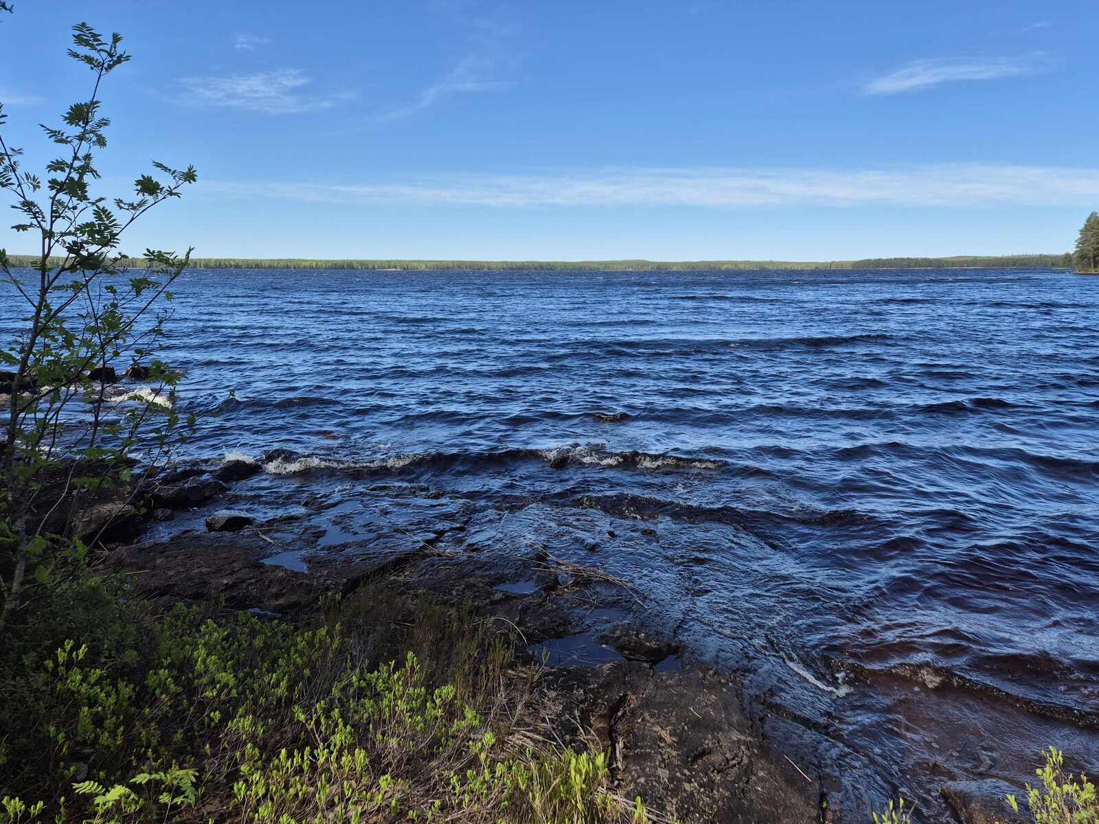 Tontin rannassa on kalliota veden ja aaltojen alla.