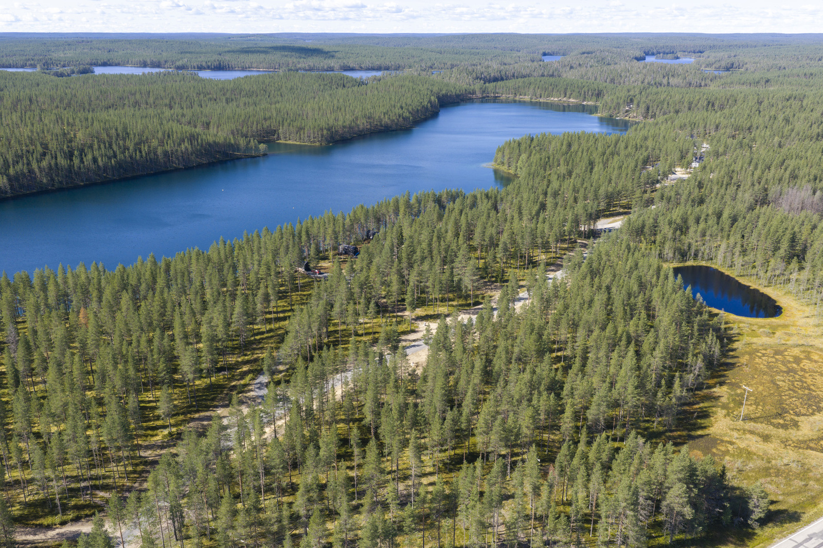 Horisonttiin jatkuva metsä reunustaa järveä. Järven suuntaisesti kulkee tie. Ilmakuva.
