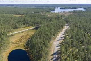 Havupuuvoittoisen metsämaan halki kulkee kaksi tietä. Tien vasemmalla puolen on lampi. Ilmakuva.