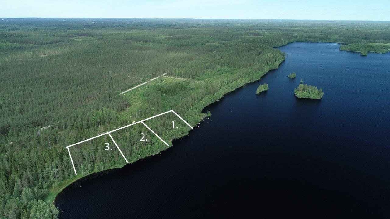 Kolmen tontin kaavat piirrettynä metsään järven rantaan. Järvessä on saaria. Ilmakuva.