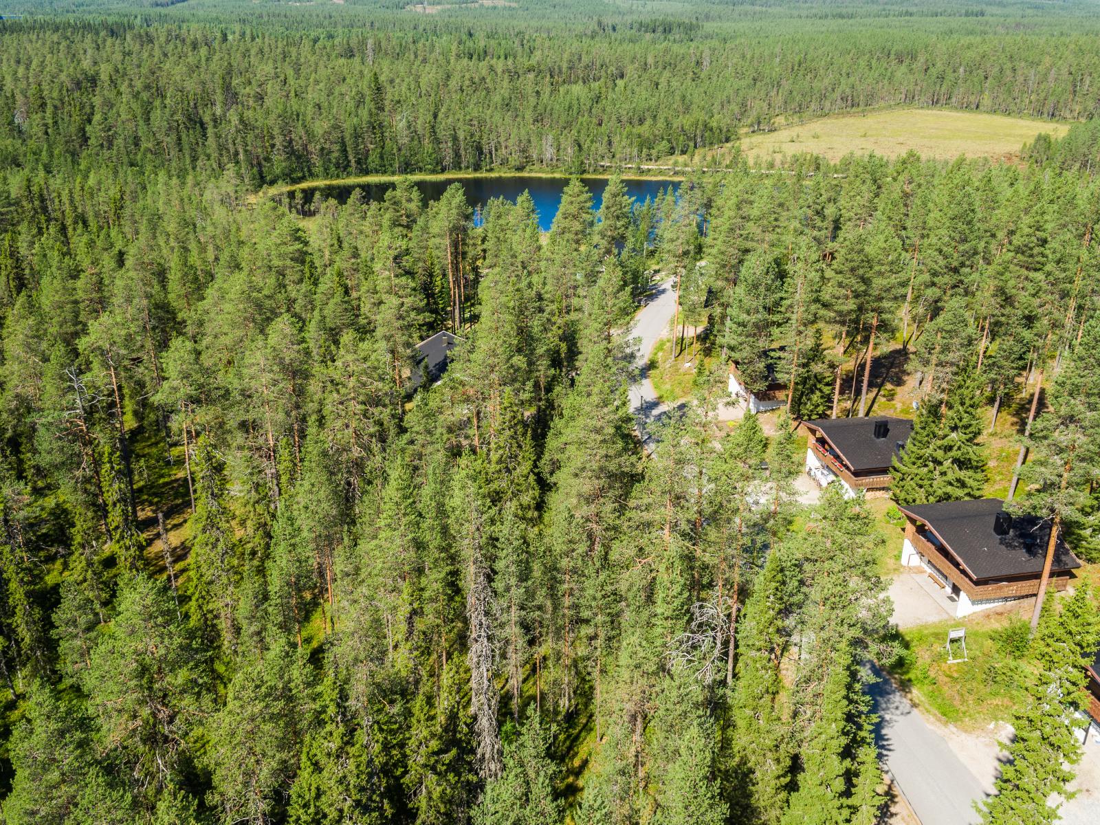 Lammelle johtavan tien varrella on lomamökkejä. Lammen takana on suo. Kesäinen ilmakuva.