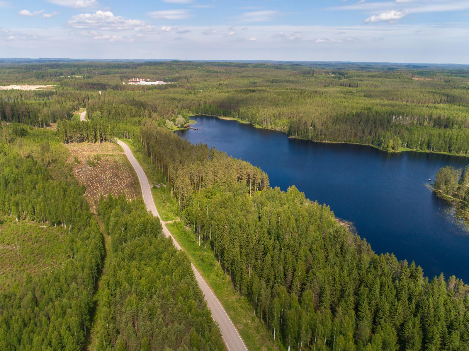 Järveä reunustavat kesäiset metsät jatkuvat horisonttiin. Järven tuntumassa kulkee tie. Ilmakuva.