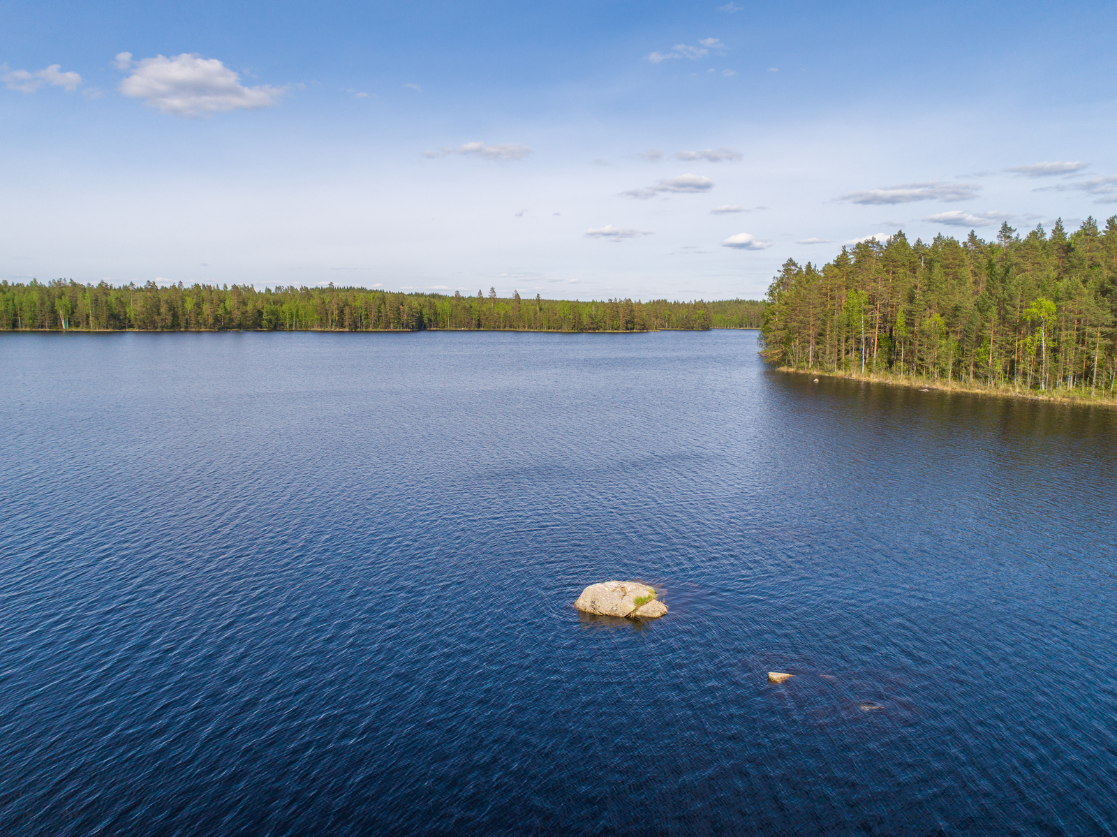 Kesämaisemassa metsä reunustaa suurta järveä. Etualalla on kaksi kiveä pinnan yläpuolella. Ilmakuva.