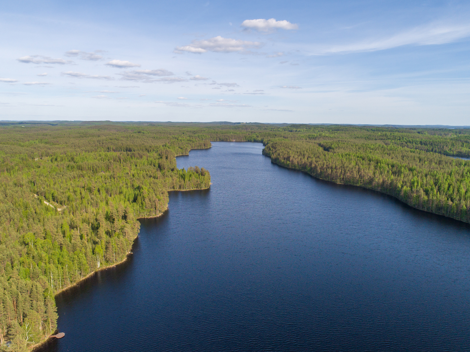 Kesämaisemassa metsien reunustama pitkulainen järvi jatkuu kohti horisonttia. Ilmakuva.