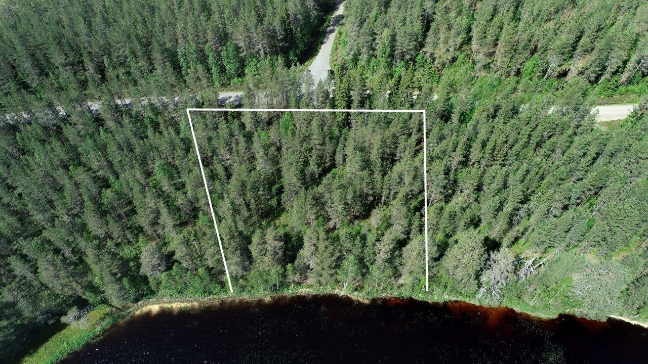 Tontin kaava piirrettynä kesäisen metsän ylle järven rantaan. Tie kulkee tontin ohi. Ilmakuva.