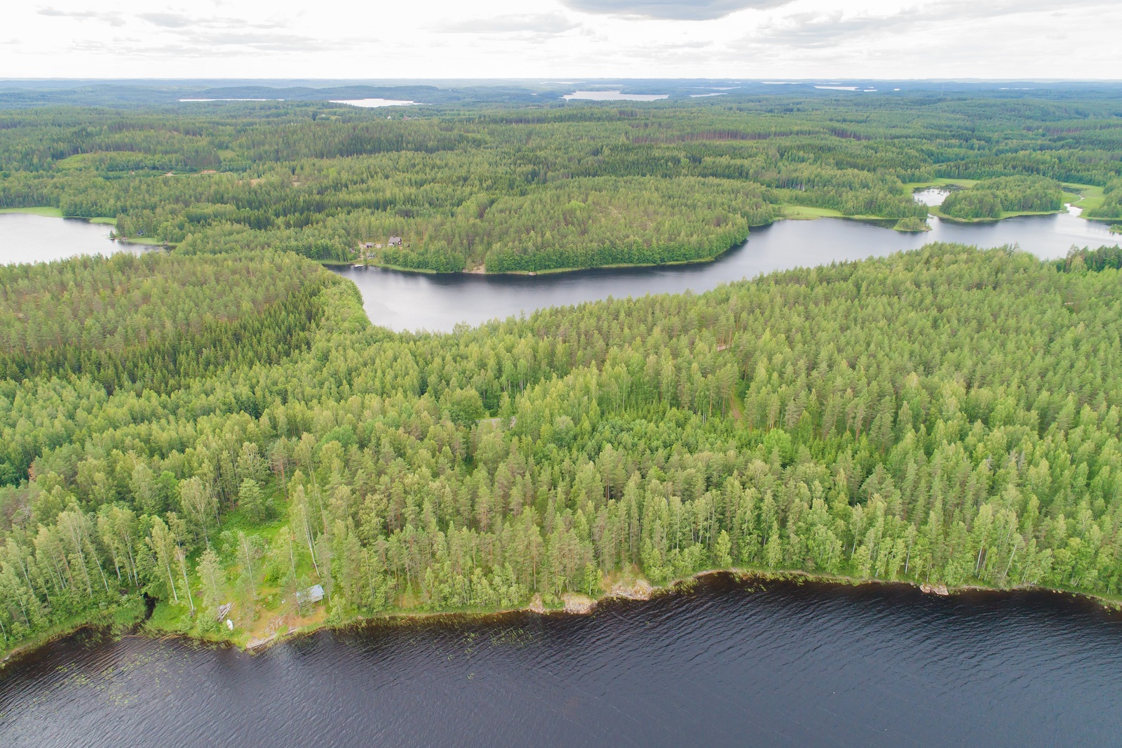 Laajat metsäalueet reunustavat vesistöä. Etualalla järven rannassa on mökki. Ilmakuva.