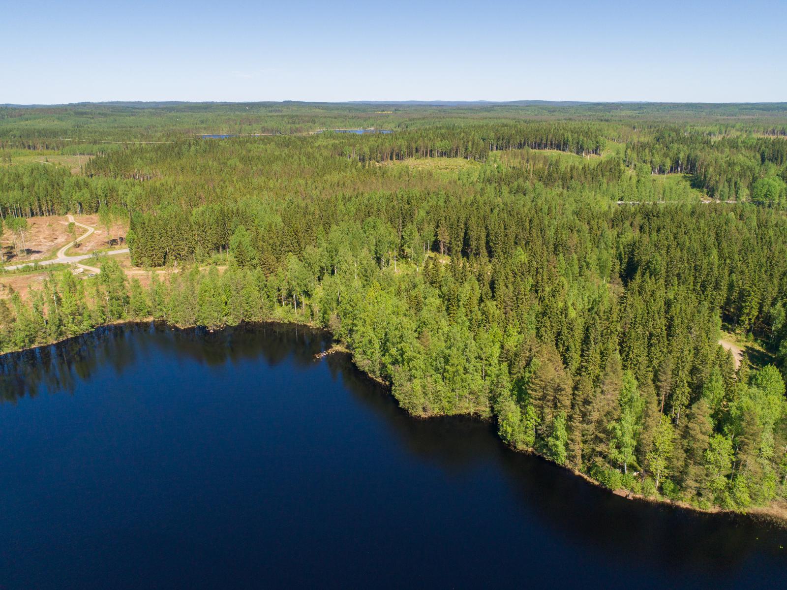 Ilmakuvassa etualalla järvi, jonka takana metsäinen ranta