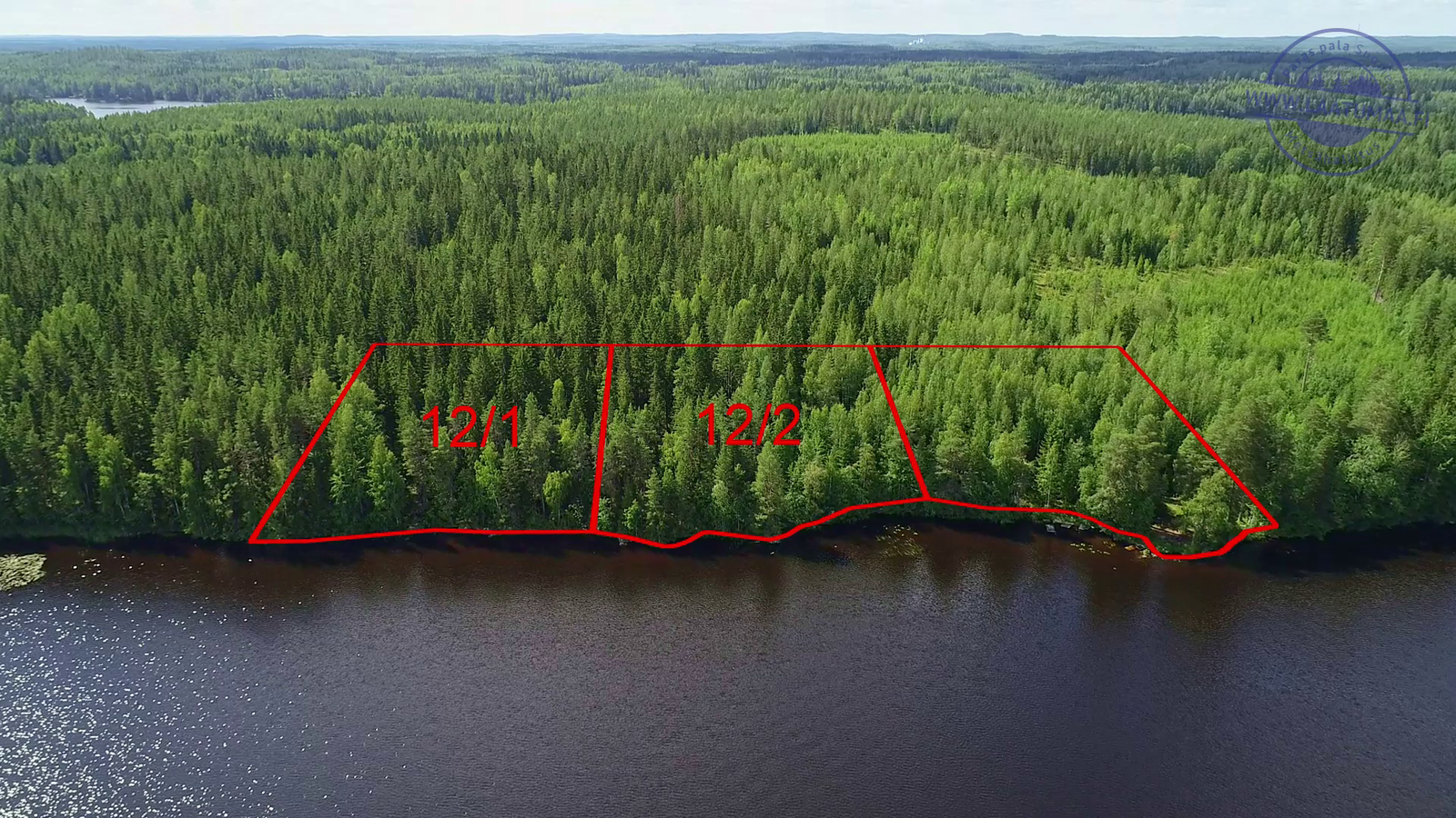 Kolmen tontin kaavat piirrettynä metsään järven rantaan. Metsäalue jatkuu horisonttiin. Ilmakuva.