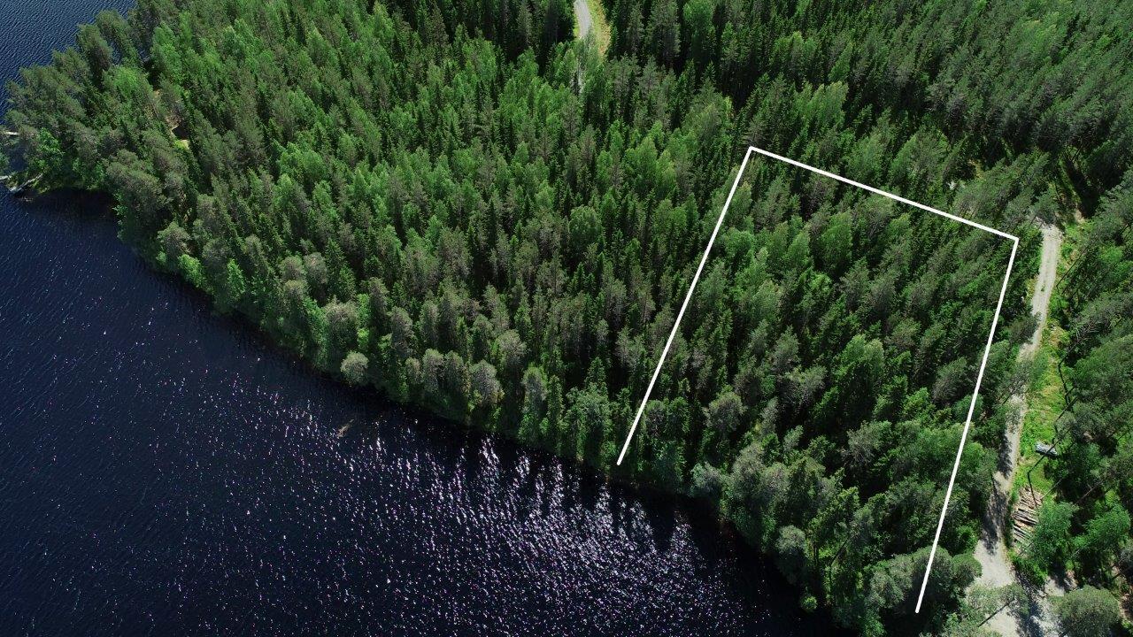 Tontin kaava piirrettynä kesäisen metsän ylle järven rantaan. Tie vie tontille. Ilmakuva.