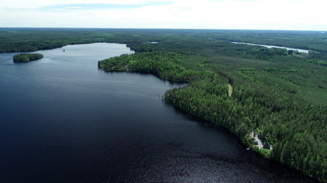 Kesämaisemassa järvi levittäytyy kohti horisonttia metsien ympäröimänä. Rannalla mökkejä. Ilmakuva.