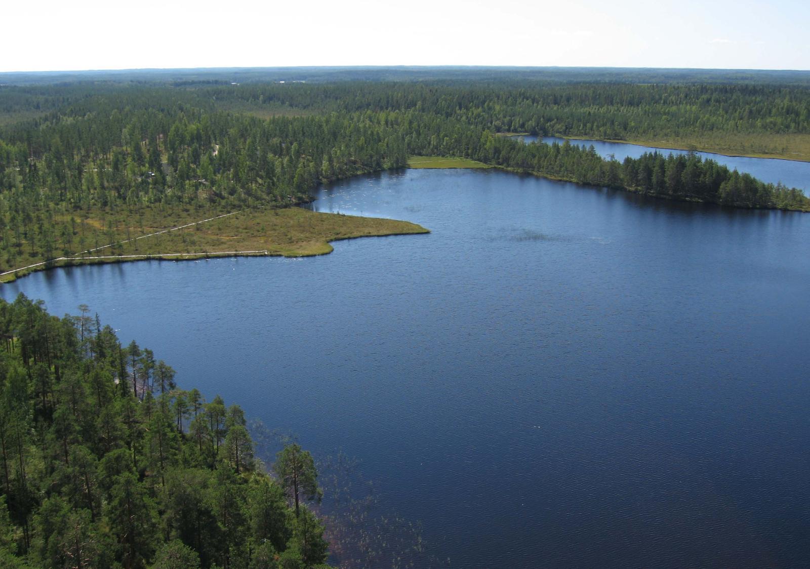 Metsät ja suot ympäröivät järveä. Metsässä erottuu mökkejä ja rannalla kulkee pitkospuut. Ilmakuva.