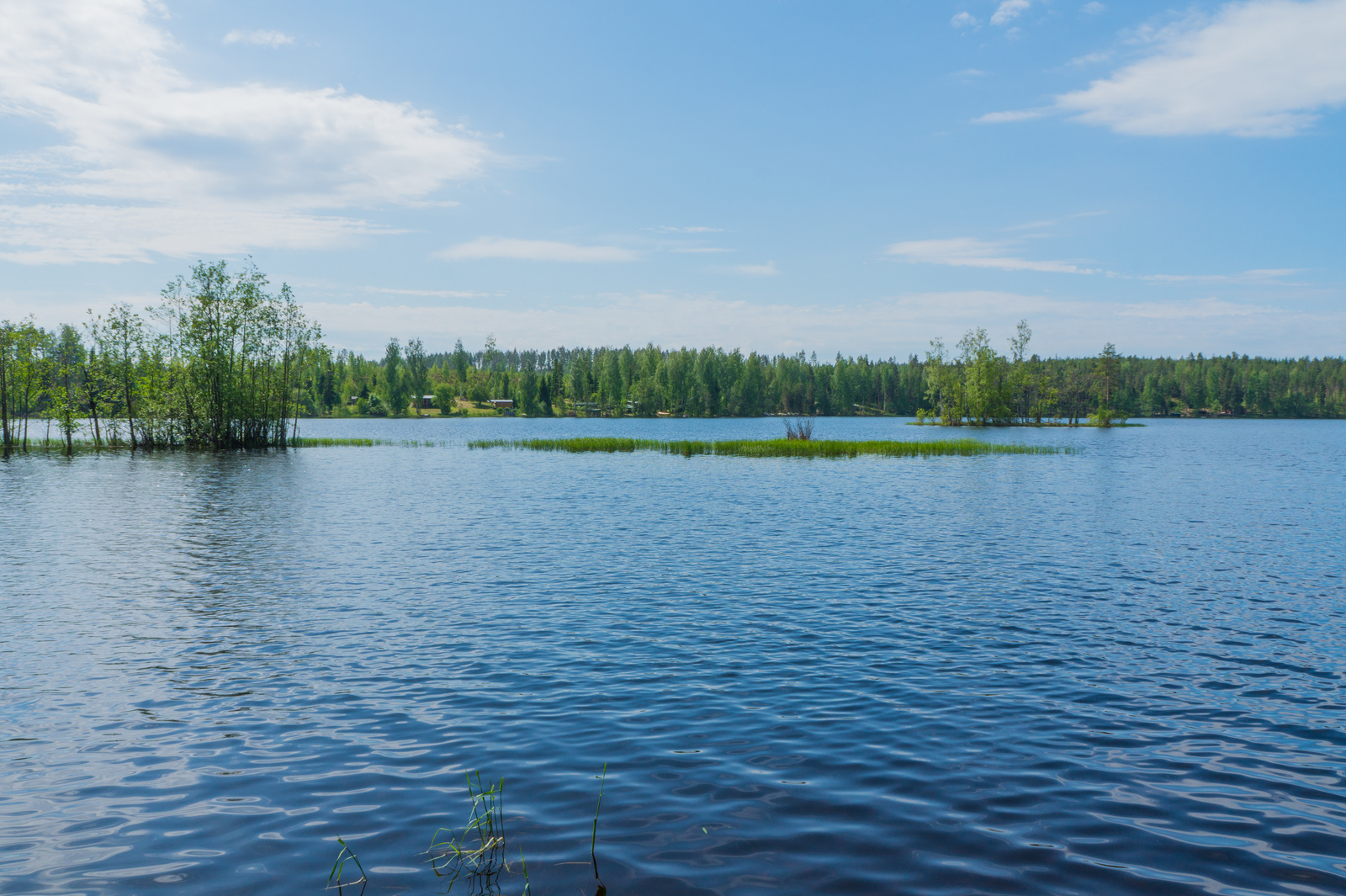 Kesäisessä järvimaisemassa vastarannalla on mökkejä. Järven keskellä on pieniä saarekkeita.