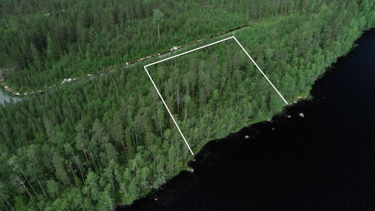 Tontin kaava piirrettynä kesäiseen metsän järven rantaan. Tie vie tontille. Ilmakuva.