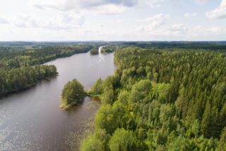 Kesämaisemassa laajat horisonttiin jatkuvat metsät reunustavat pitkulaista järveä. Ilmakuva.