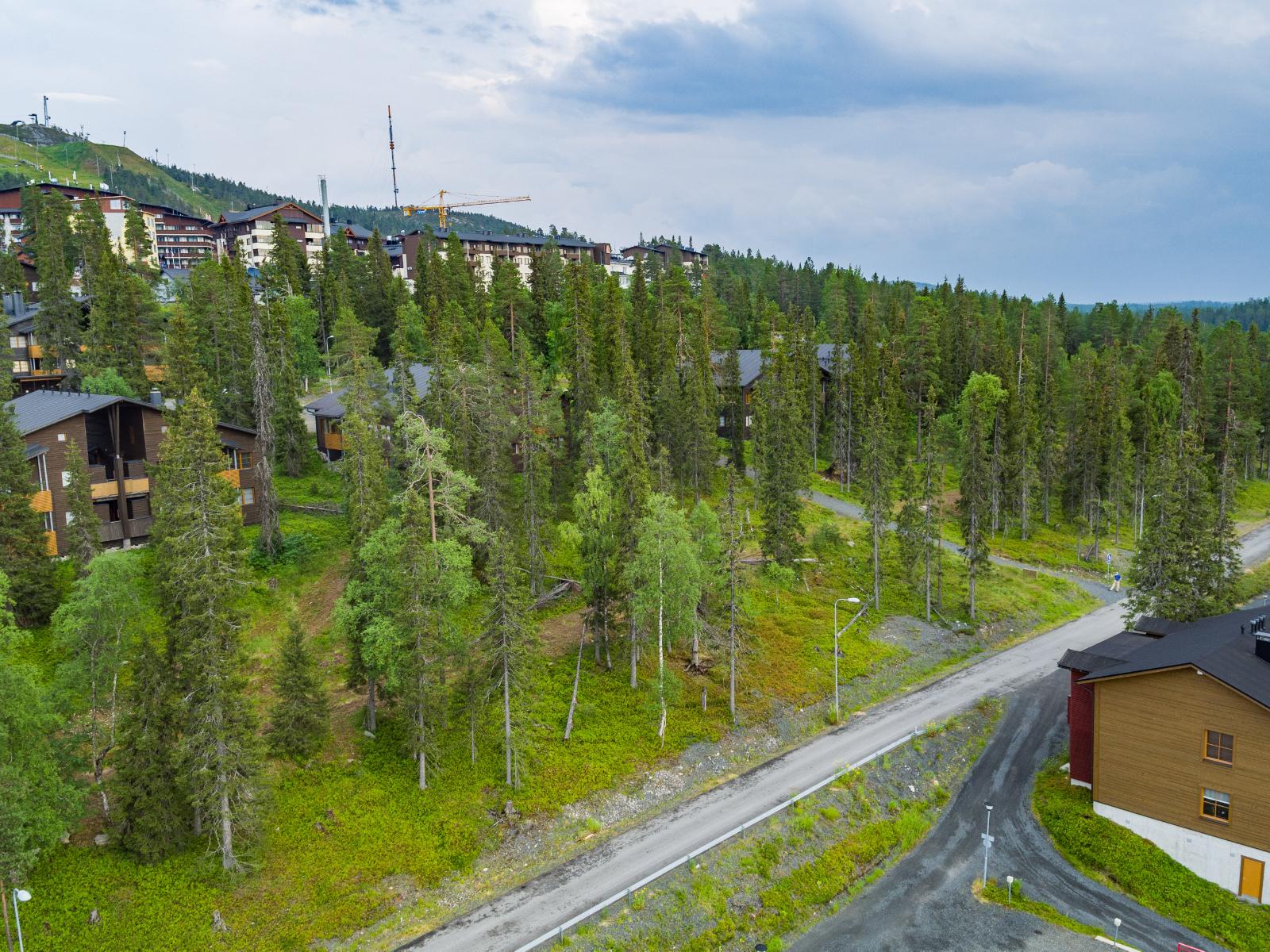 Metsäisessä rinteessä on lomahuoneistoja ja hotellirakennuksia. Etualalla kulkee tie. Ilmakuva.