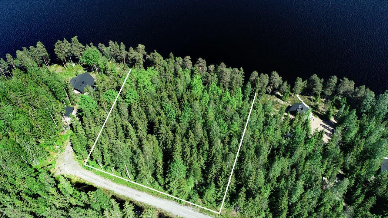 Tontin kaava piirrettynä kesäisen metsän ylle järven rantaan. Tie kulkee mökeille. Ilmakuva.