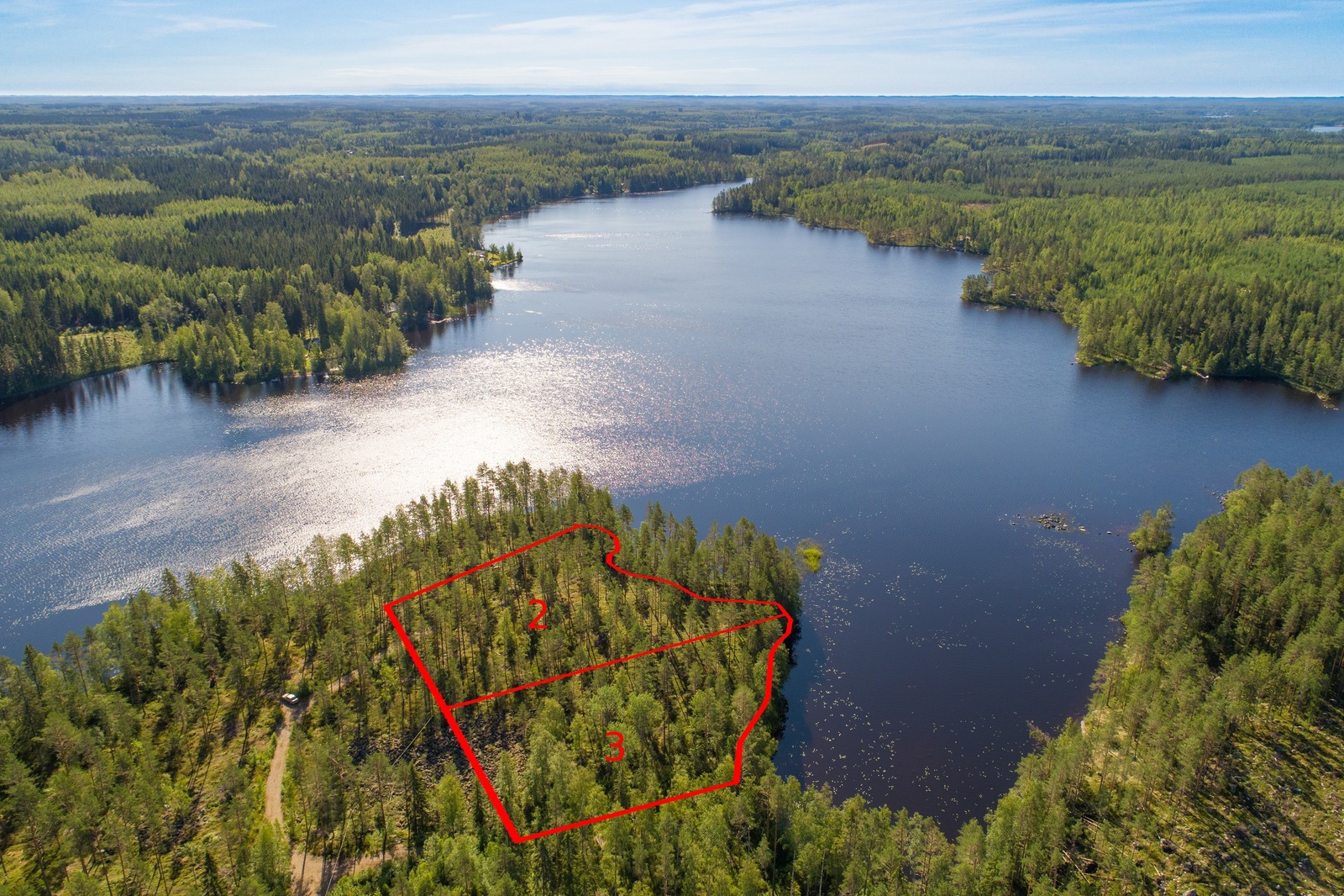 Kahden tontin kaavat piirrettynä kesäiseen metsään horisonttiin jatkuvan järven rantaan. Ilmakuva.