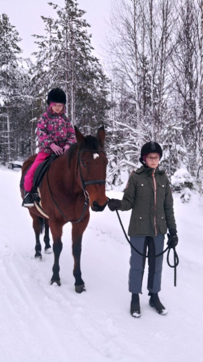 Lapsi istuu hevosen selässä ja taluttaja pitää kiinni hevosen valjaista talvisessa metsässä.