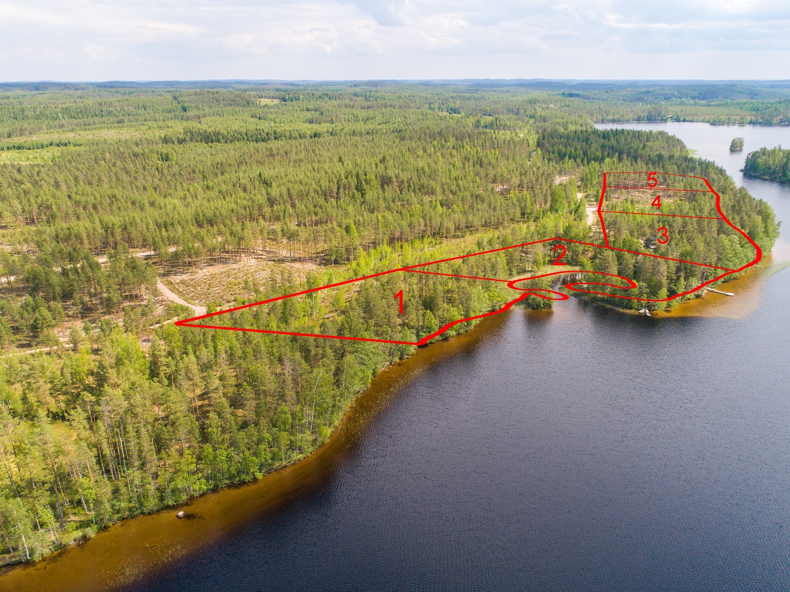 Kesämaisemassa viiden tontin kaavat piirrettynä metsään järven rannalle. Ilmakuva.