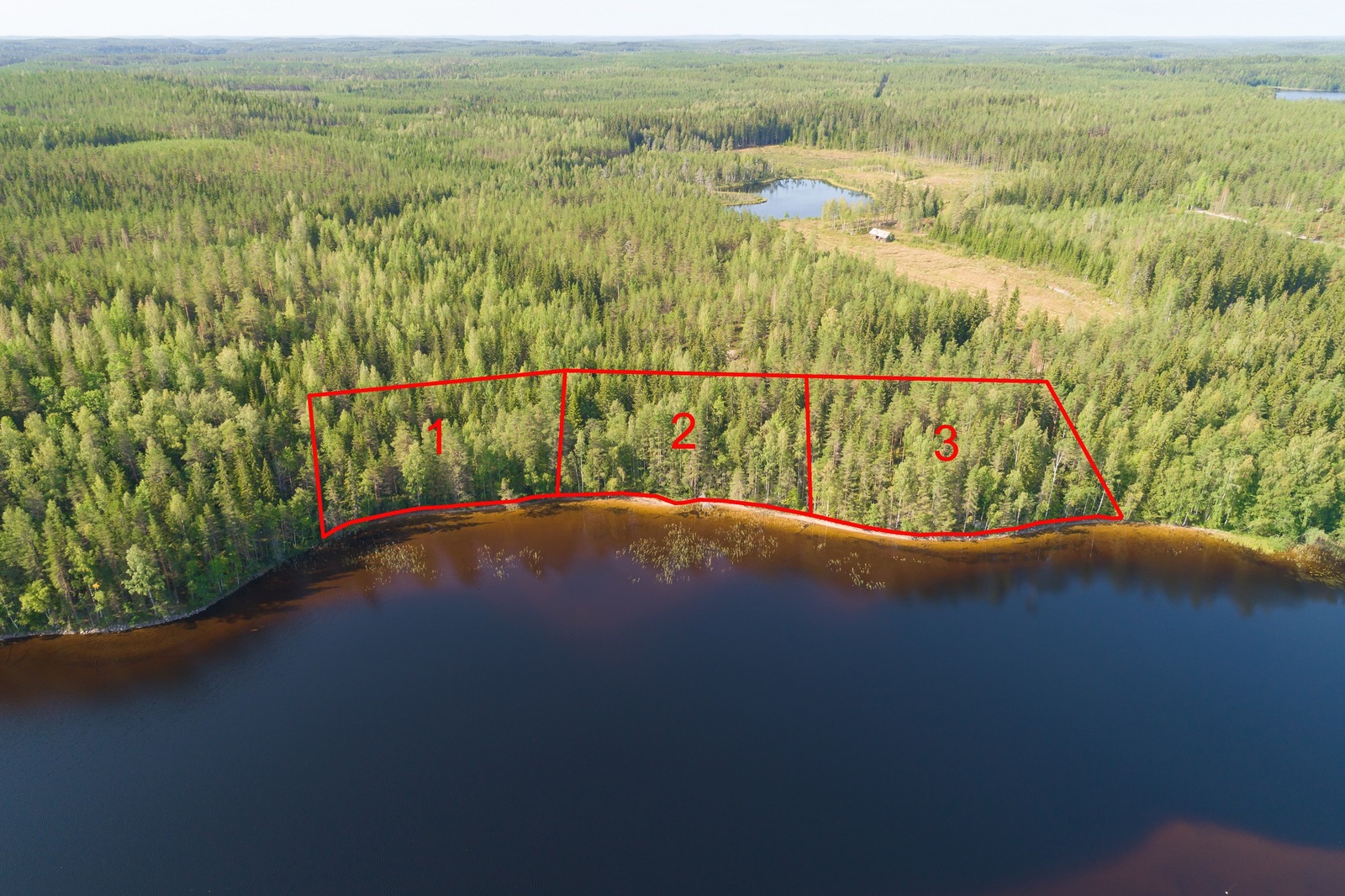 Kolmen tontin kaavat piirrettynä järven rantaan. Ympäröivä metsä jatkuu horisonttiin. Ilmakuva.