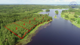 Ilmakuvassa piirrettynä naapuritonttien kaavoitukset metsämaisemaan järven rannalla.