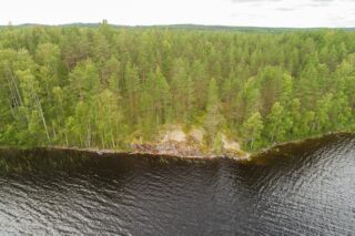 Ilmakuva rantaviivasta, josta kohoaa metsä ja kallio.