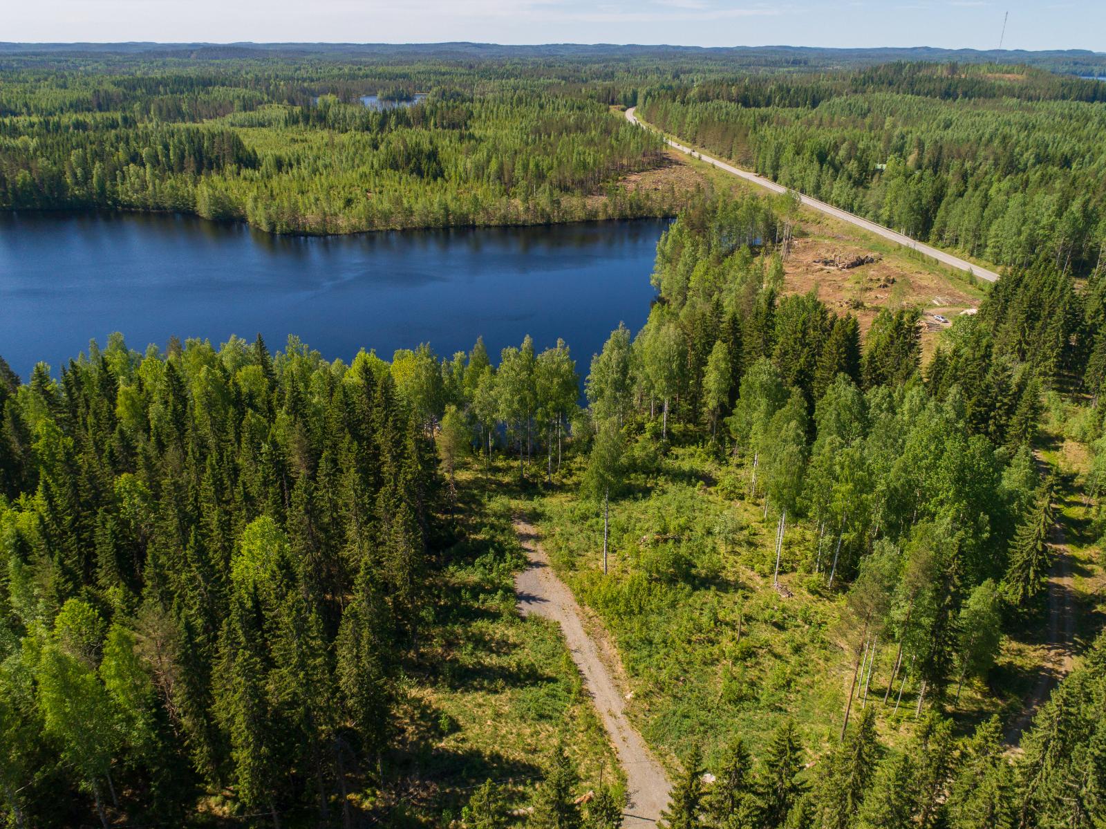 Ilmakuva, jossa etualalla sekametsää, tie, järvi ja järven ohitse kulkeva tie