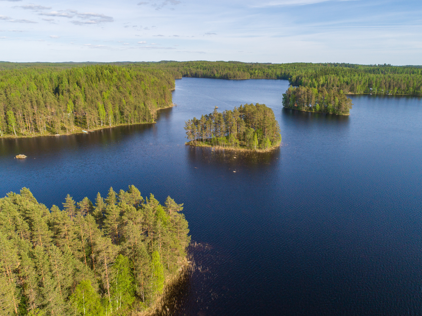 Kesämaisemassa metsien reunustamassa suuressa järvessä on metsäisiä saaria. Ilmakuva.