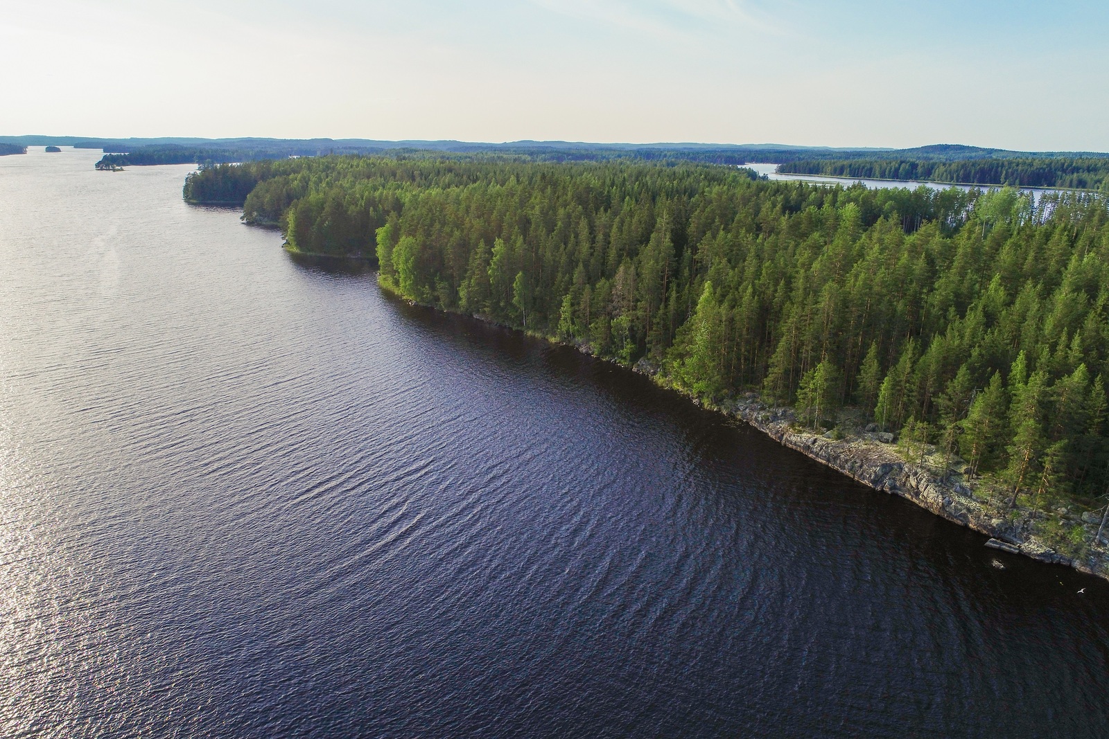 Metsäistä saarta ympäröivä vesistö jatkuu horisonttiin. Saaren rannassa on kallioita. Ilmakuva.