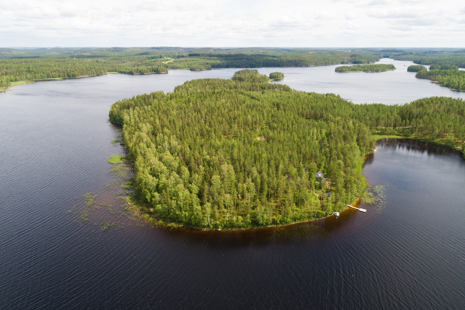 Kesämaisemassa on laaja metsäinen niemi sokkeloisen järven keskellä. Niemessä on mökki. Ilmakuva.