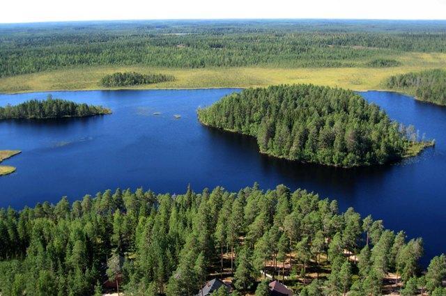 Metsät ja suot ympäröivät järveä, jossa on kaksi saarta. Puiden välistä erottuu mökkejä. Ilmakuva.