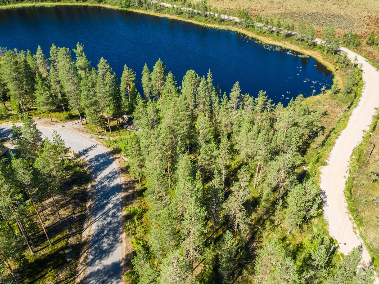 Metsälammen molemmilla puolilla kulkee tie. Lammen takana on suo. Kesäinen ilmakuva.