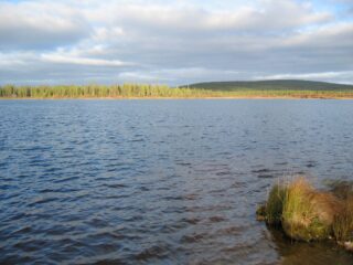 Kesäisessä järvimaisemassa vesi laineilee hieman. Vastarannan takana horisontissa kohoaa vaara.