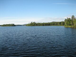 Järvimaisemaa reunustaa kesäinen sekametsä. Kaukana horisontissa kohoaa vaaroja.