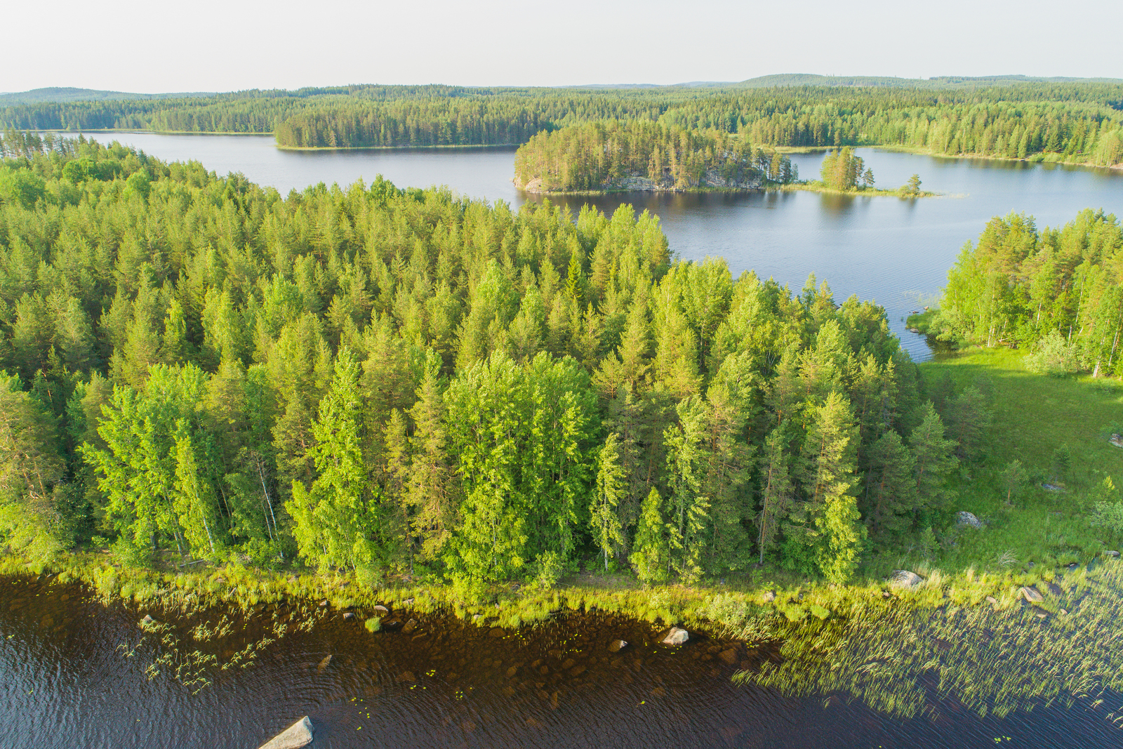 Saaressa kasvaa sekametsä. Taka-alalla jatkuu vesistö, jossa on kallioinen saari. Ilmakuva.