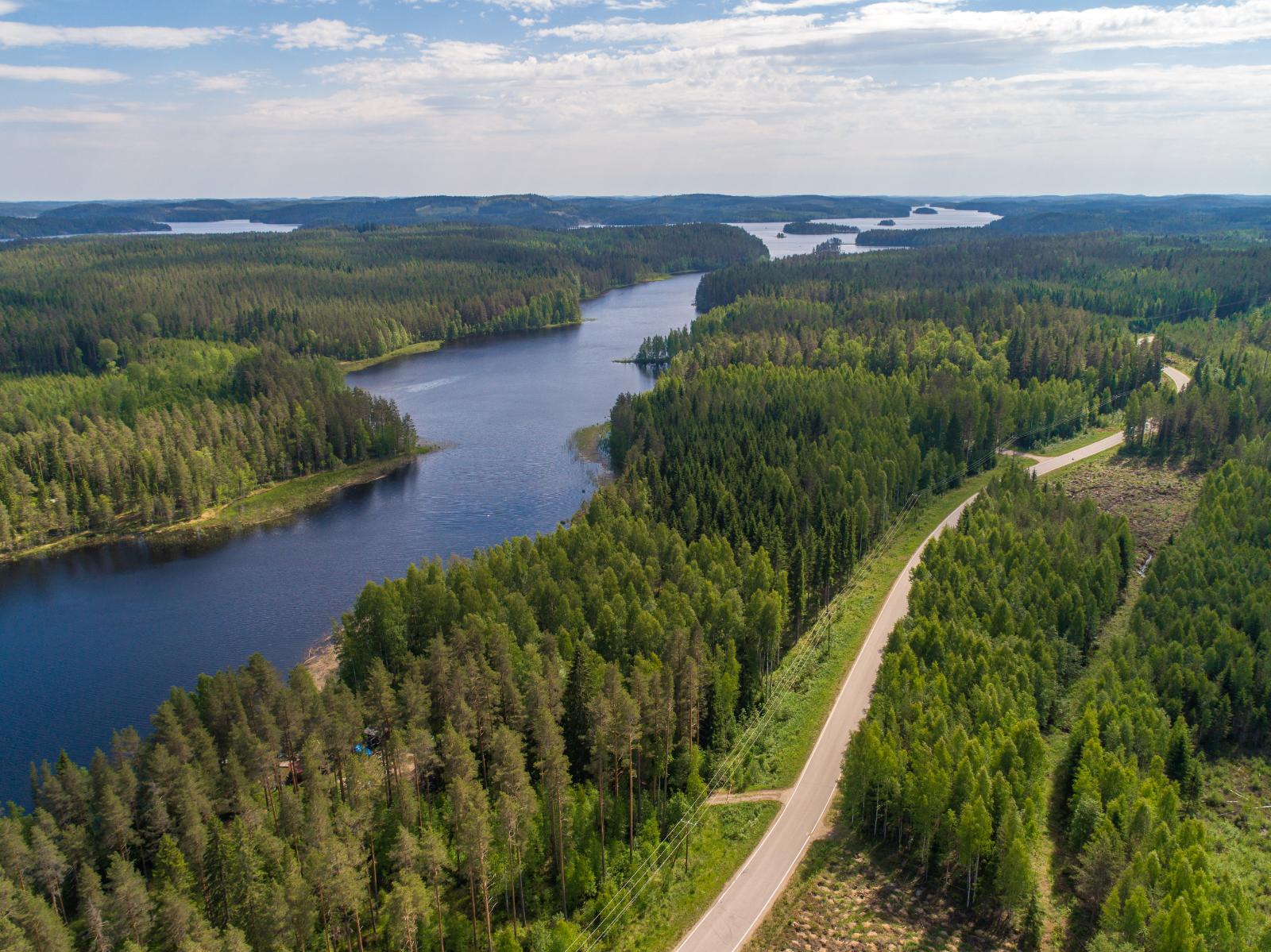 Metsät reunustavat horisonttiin jatkuvaa pitkulaista järveä. Oikealla kulkee tie. Ilmakuva.