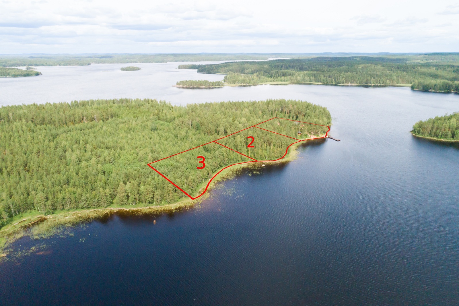 Kolmen tontin kaavat piirrettynä metsäiseen niemeen sokkeloisen järven rantaan. Ilmakuva.