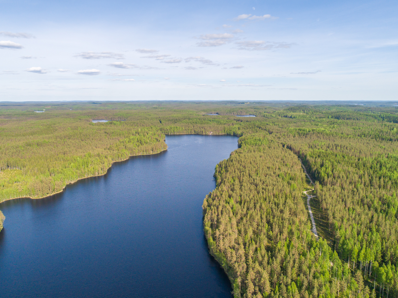 Kesämaisemassa metsät reunustavat pitkulaista järveä. Järven tuntumassa kulkee tie. Ilmakuva.