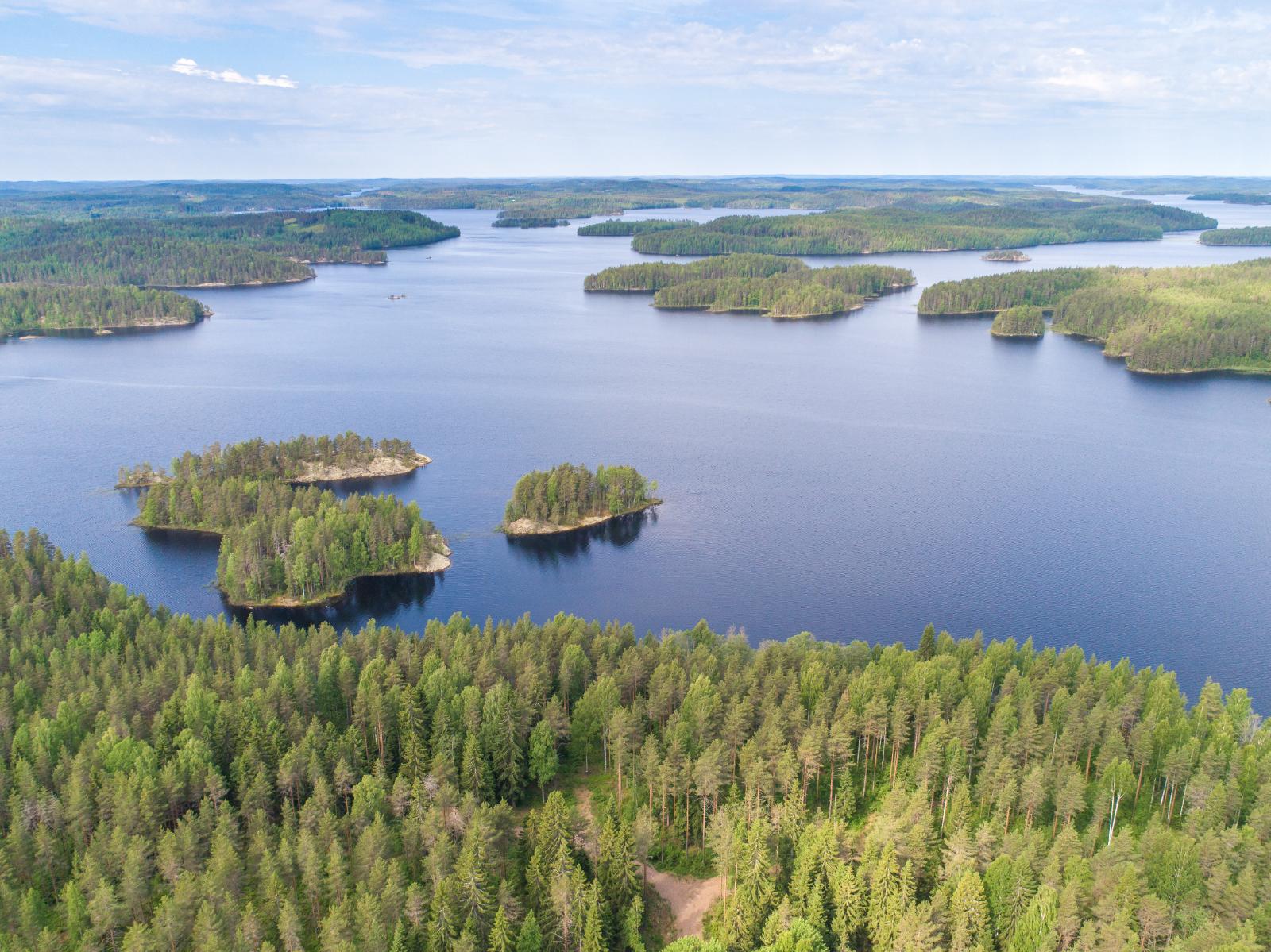 Metsät reunustavat horisonttiin jatkuvaa sokkeloista järveä, jossa on saaria. Ilmakuva.