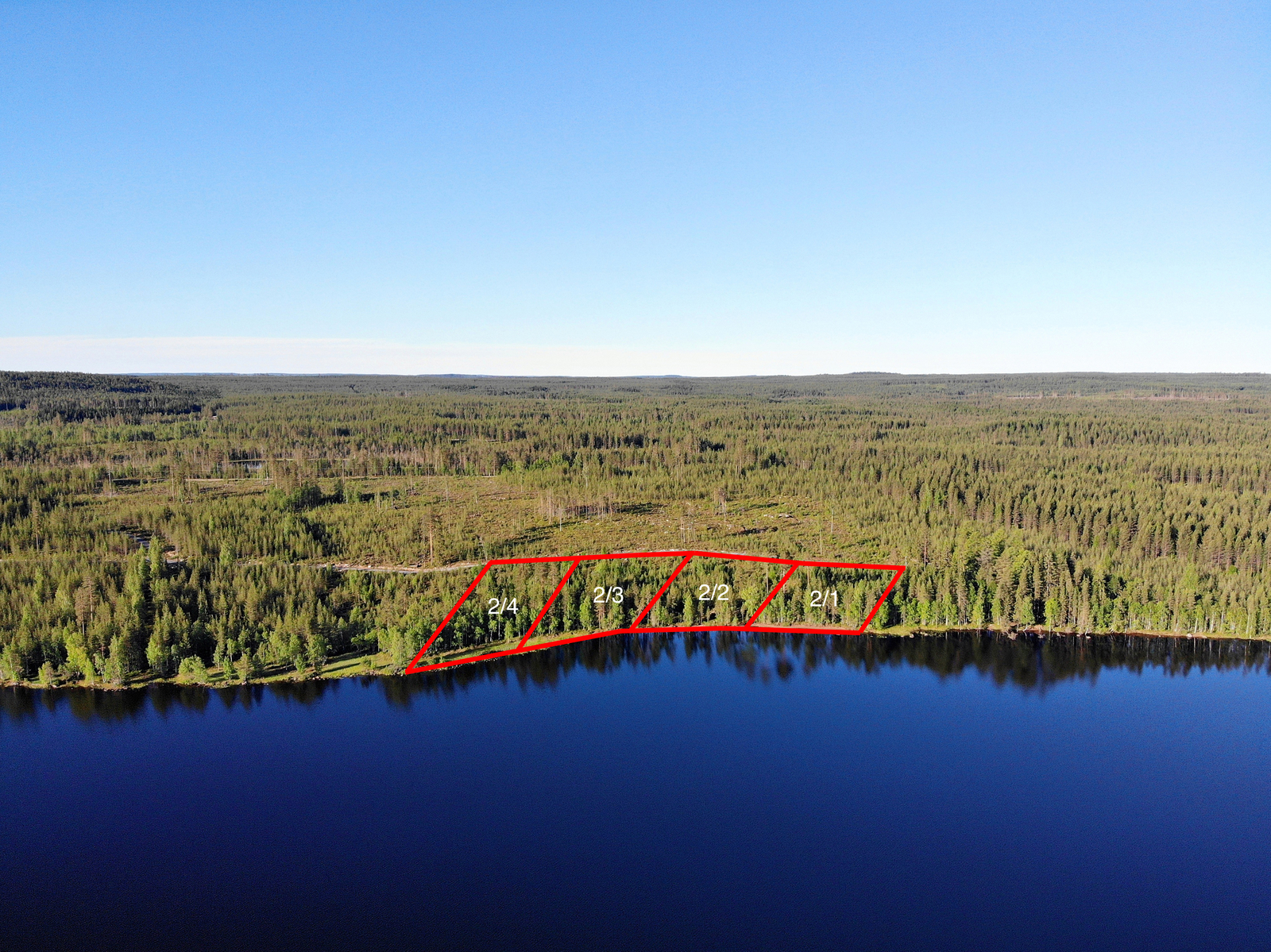 Neljän tontin kaavat piirrettynä metsään järven rannalle. Metsäalue jatkuu horisonttiin. Ilmakuva.