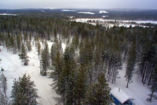 Talvipolku kulkee lumipeitteisessä mäntymetsässä. Etuoikealla on rakennus. Ilmakuva.