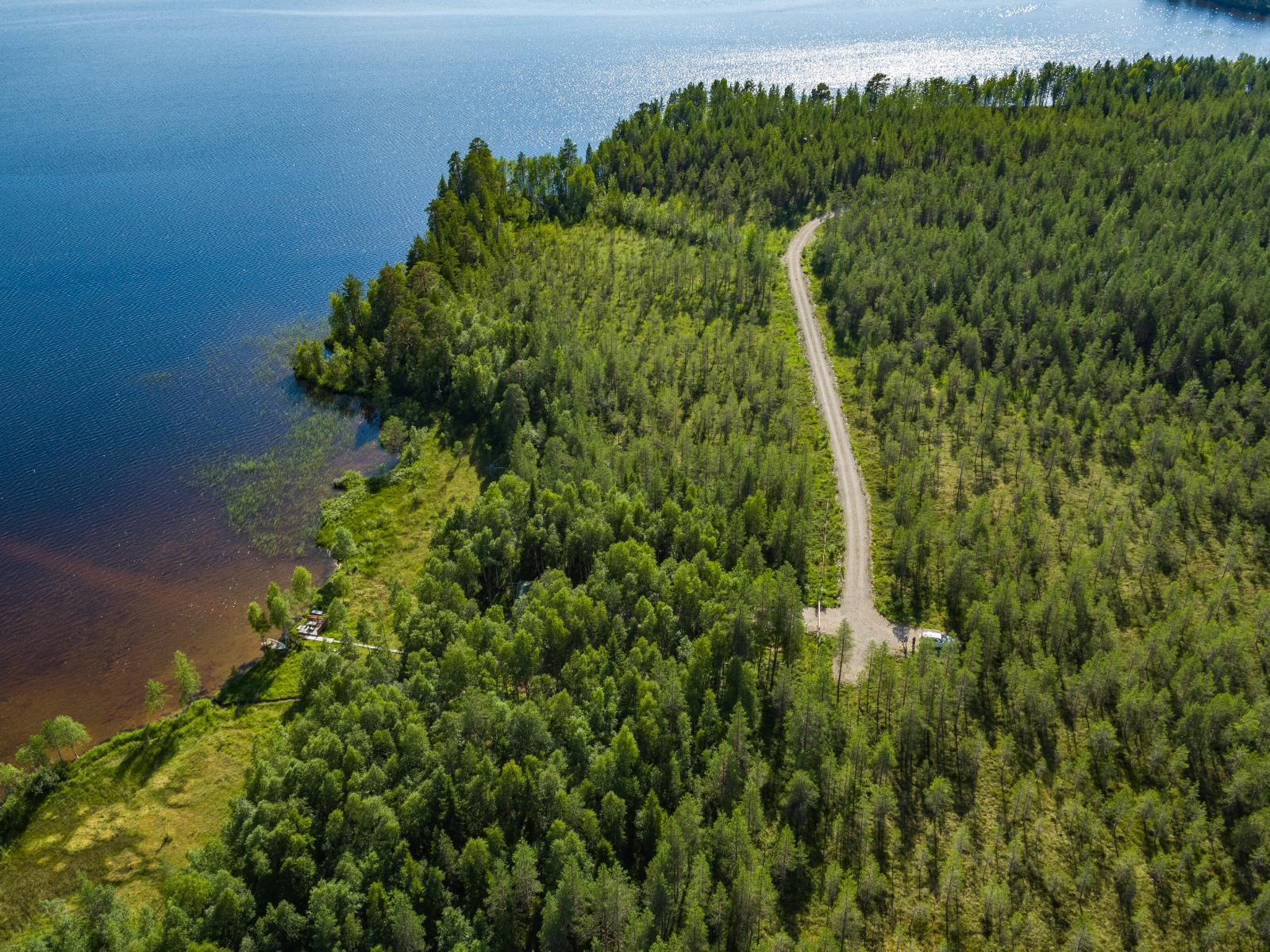 Kesämaisemassa metsä reunustaa järveä. Rannalla on mökki ja tie kulkee lähistöllä. Ilmakuva.