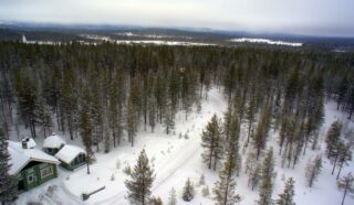 Aurattu tie kulkee mökin ohi lumipeitteisessä mäntymetsässä. Ilmakuva.