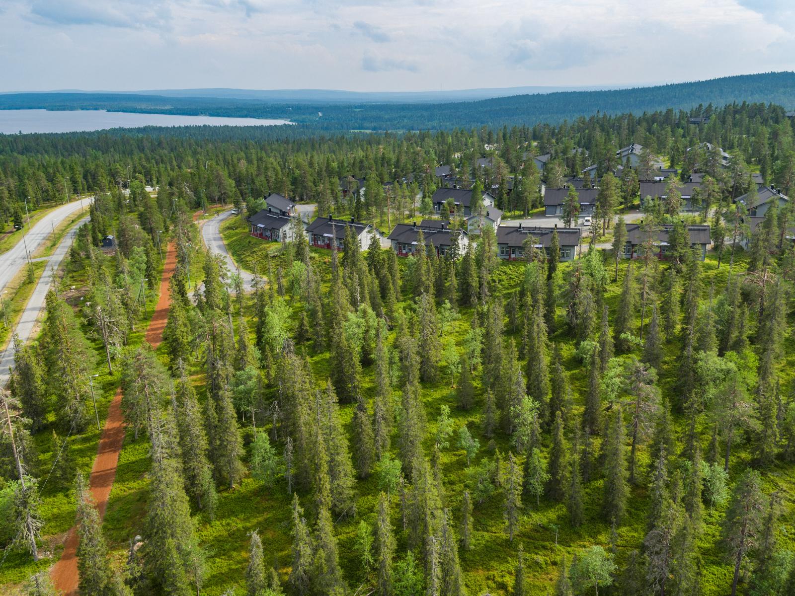 Mökkialuetta ympäröi kuusivaltainen metsä. Vasemmalla kulkee tie ja taustalla on järvi. Ilmakuva.