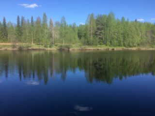 Vastarannan metsä ja lähes pilvetön taivas heijastuvat joen tyyneen pintaan.