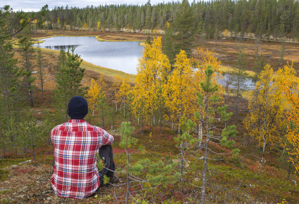 Puna-valkoruudulliseen paitaan ja mustaan pipoon pukeutunut henkilö istuu selin kameraan katsellen ruskan väreissä kylpevälle suolle ja pienelle malmmelle.