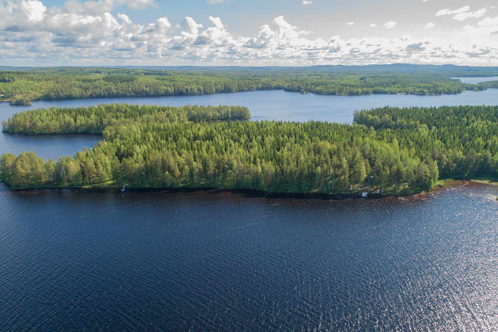 Saari, missä paljon kuusia. Valkoisia pilviä sinisellä taivaalla.